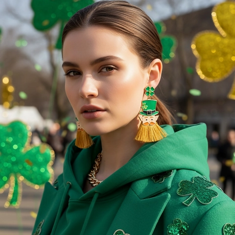 St Patricks Day Leprechaun Tassel Earrings Alloy Enamel Rhinestone Shamrock Clover Stainless Steel Post Irish Festive