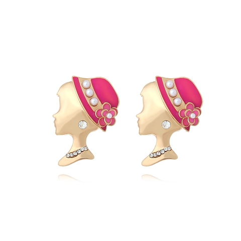 Vintage Portrait Lady Earrings Enamel Flower Hat Faux Artificial Pearl Rhinestones Decor Stainless Steel Earring Post Elegant Jewelry