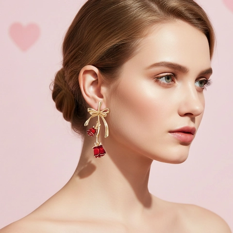 Rose Flower Bow Knot Drop Earrings Red Enamel Alloy With Stainless Steel Earring Post Long Dangle French Retro Elegant