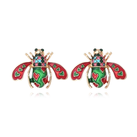 Vintage Bee Stud Earrings Alloy Colorful Rhinestone Enamel Insect Heart Design Fashion Jewelry For Women