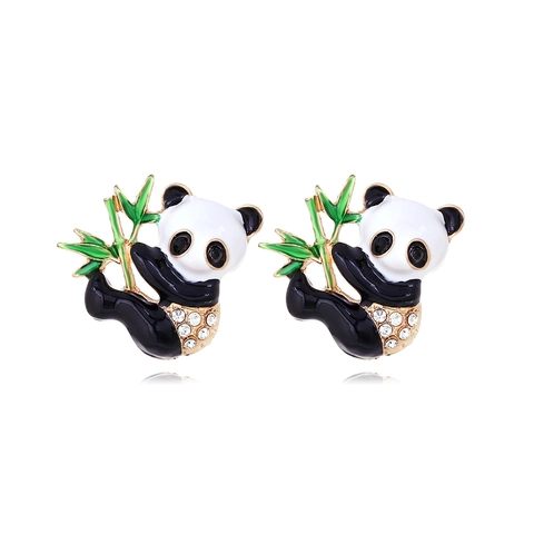 Panda Bambus Ohrringe Legierung Emaille Strass Süß Cartoon Tier Stecker Für Frauen