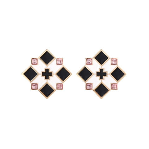 Geometrische Vierkante Oorknopjes Zinklegering Emaille Geruit Kruispatroon Retro Vintage Stijl Voor Dames Elegante Sieraden