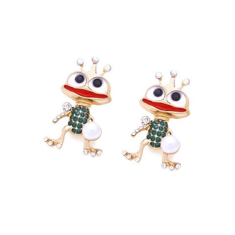 Süße Froschkönig Ohrstecker Legierung Grüne Strass Emaille Cartoon Tier Schmuck Mit Kunstperle Mode Für Damen