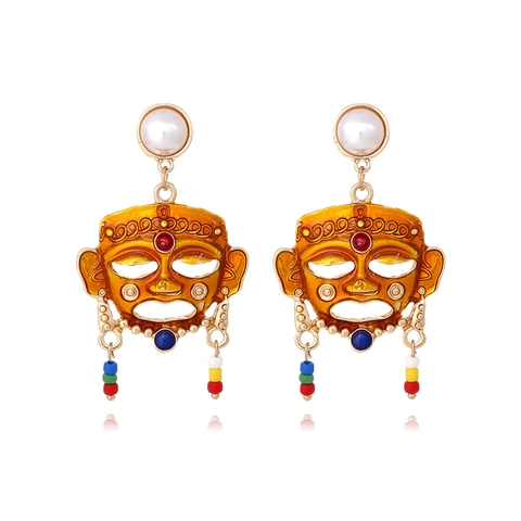 Pendientes De Máscara Tribal Vintage Para Mujer Aleación Esmalte Borla De Cuentas Coloridas Joyería Étnica Bohemia Perla Artificial