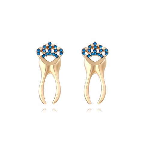 Creative Molar Tooth Stud Earrings With Blue Rhinestone Crown Gold Plated Alloy And Stainless Steel Earring Post Fashion