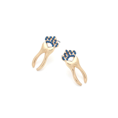 Creative Molar Tooth Stud Earrings With Blue Rhinestone Crown Gold Plated Alloy And Stainless Steel Earring Post Fashion