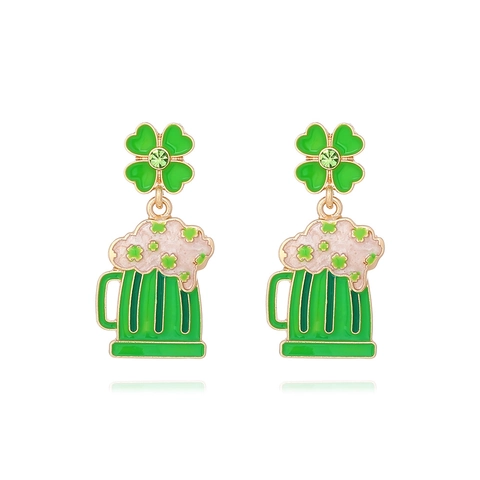 St Patricks Day Shamrock Beer Mug Dangle Earrings Enamel Alloy Rhinestone With Stainless Steel Earring Post For Women