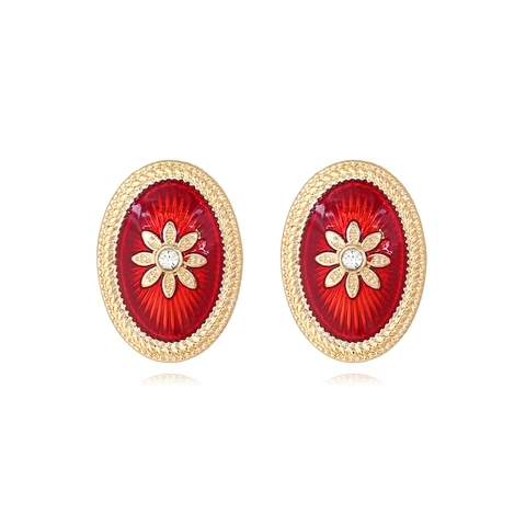 Vintage Court Style Oval Stud Earrings For Women Zinc Alloy Enamel Floral Design With Rhinestone French Retro Jewelry