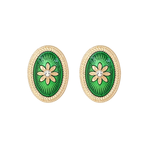 Vintage Court Style Oval Stud Earrings For Women Zinc Alloy Enamel Floral Design With Rhinestone French Retro Jewelry