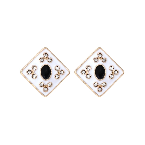 Boucles D Oreilles Géométriques En Forme De Losange Émail Alliage Strass Style Vintage Rétro Bijoux Élégants Pour Femmes