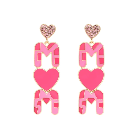 MOM Letter Hangoorbellen Emaille Roze Hart Strass Legering Moederdag Cadeau Voor Dames Trendy Mode Sieraden