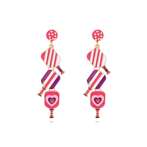 Pendientes Colgantes Paleta Pickleball Corazón Raya Aleación Zinc Esmalte Con Poste Acero Inoxidable Deporte Mujer