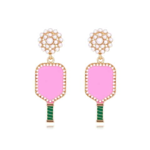 Orecchini Pendenti Con Racchetta Da Pickleball Con Lega Smalto Perla Artificiale Grappolo Fiore Gioielli Di Moda Sportiva Per Donne