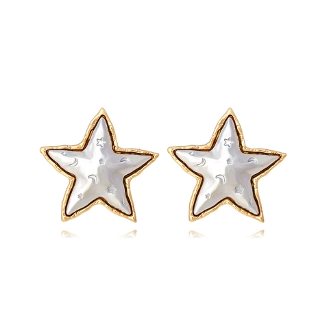 Retro Alloy Star Stud Earrings With Moon Pattern And Shell Texture Inlay For Women Vintage Style
