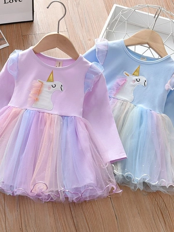 Toddler Girls Long Sleeve Princess Dress Unicorn Embroidered Patch Rainbow Mesh Tulle Skirt Autumn Cotton Patchwork Dress