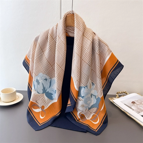 Grande Foulard Quadrato Imitazione Raso Poliestere Pied-De-Poule Stampa Floreale Retro Elegante Scialle Per Donna Tocco Satinato