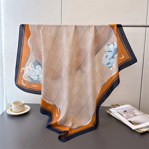 Grande Foulard Quadrato Imitazione Raso Poliestere Pied-De-Poule Stampa Floreale Retro Elegante Scialle Per Donna Tocco Satinato