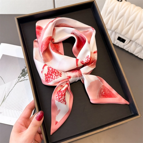 Women Narrow Satin Like Scarf Double Layer Fruit Leaf Print Twilly Hair Tie Handbag Decoration Fashion Commuter Accessory