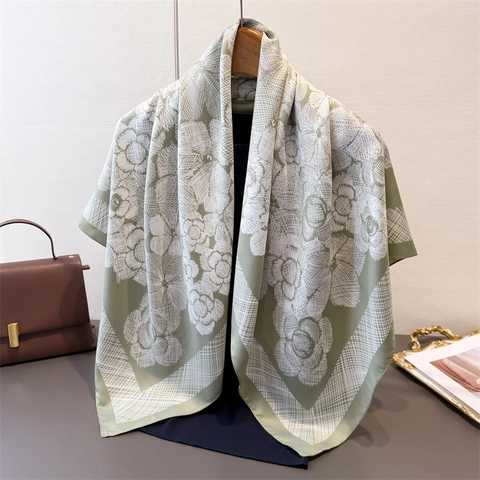 Women Square Scarf Satin Like Polyester Vintage Floral Print Camellia Shawl Headscarf Elegant Fashion Lightweight
