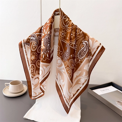 Foulard Carré Élégant Femmes Polyester Effet Satin Imprimé Cachemire Abstrait Léger Écharpe Cou Tête Accessoire Mode