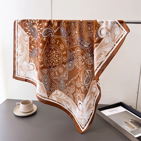 Foulard Carré Élégant Femmes Polyester Effet Satin Imprimé Cachemire Abstrait Léger Écharpe Cou Tête Accessoire Mode