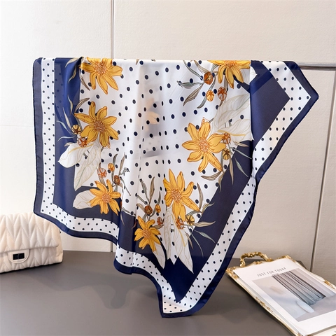 Women Square Scarf Floral Polka Dot Print Satin Feeling Polyester Satin Neck Head Scarf Fashion Elegant Wrap