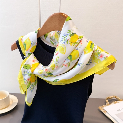 Foulard Carré Imprimé Citron Fruits Fleurs Satin Polyester Satin Simulée Bandeau Châle Accessoires De Mode Élégants Femmes