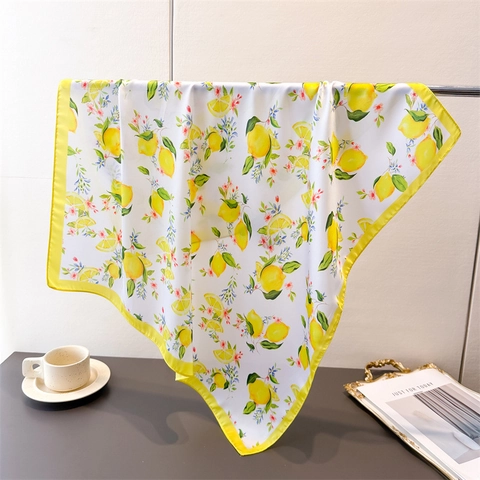 Foulard Carré Imprimé Citron Fruits Fleurs Satin Polyester Satin Simulée Bandeau Châle Accessoires De Mode Élégants Femmes