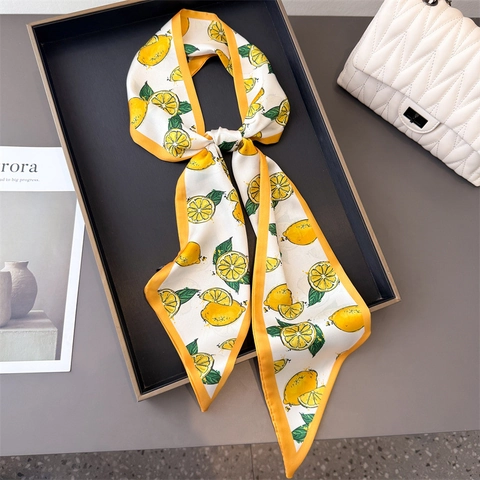 Lemon Fruit Print Narrow Scarf Women Polyester Double Layer Satin Feeling Twilly For Hair And Bag Handles Fashion Accessory