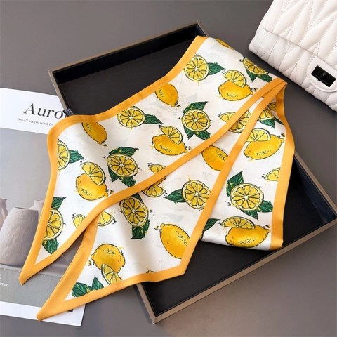 Lemon Fruit Print Narrow Scarf Women Polyester Double Layer Satin Feeling Twilly For Hair And Bag Handles Fashion Accessory