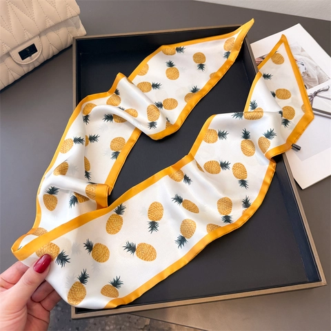 Fruit Print Long Narrow Scarf Polyester Satin Twilly For Handbag Handle Hair Band Neck Tie Pineapple Orange Pattern Versatile