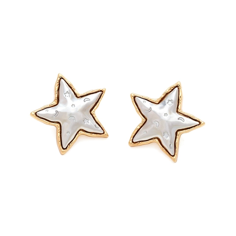Retro Alloy Star Stud Earrings With Moon Pattern And Shell Texture Inlay For Women Vintage Style