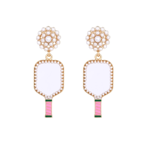 Orecchini Pendenti Con Racchetta Da Pickleball Con Lega Smalto Perla Artificiale Grappolo Fiore Gioielli Di Moda Sportiva Per Donne