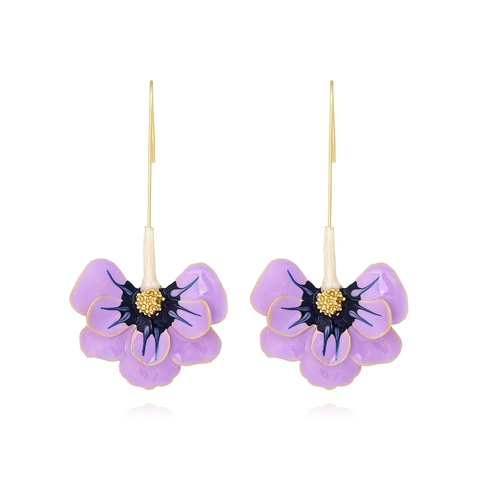 Large Enamel Flower Drop Earrings Alloy Floral Dangle Long Hook Elegant Spring Style Handmade Painted Vibrant For Women