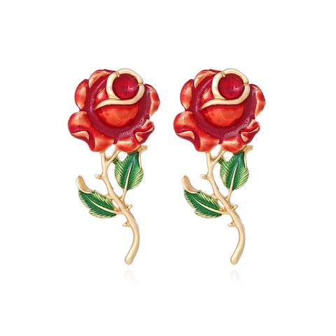 Orecchini Rosa Rossa Vintage Smalto Foglia Verde Lega D'oro Stile Esagerato Regalo Di San Valentino Per Donna