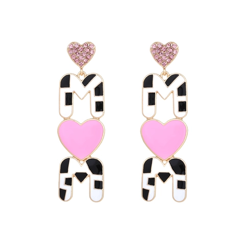 MOM Letter Dangle Earrings Enamel Pink Heart Rhinestone Alloy Mother's Day Gift For Women Trendy Fashion Jewelry