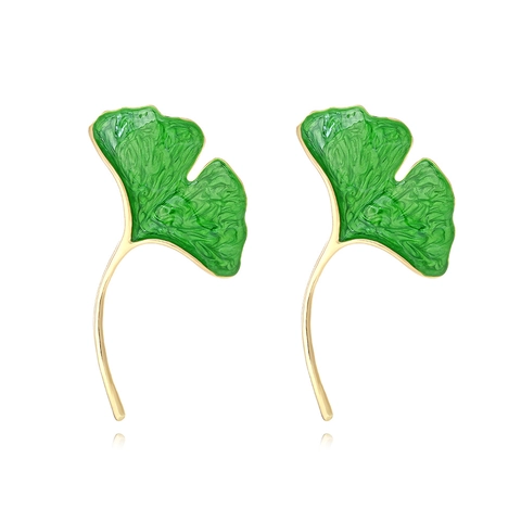 Ginkgo Leaf Dangle Earrings Green Enamel Alloy Gold Tone Natural Forest Style Jewelry For Women