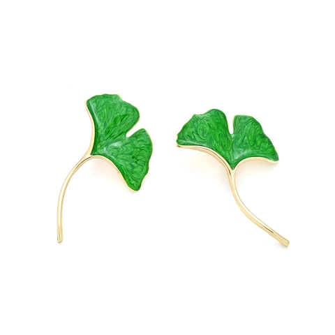 Ginkgo Leaf Dangle Earrings Green Enamel Alloy Gold Tone Natural Forest Style Jewelry For Women