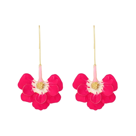 Large Enamel Flower Drop Earrings Alloy Floral Dangle Long Hook Elegant Spring Style Handmade Painted Vibrant For Women