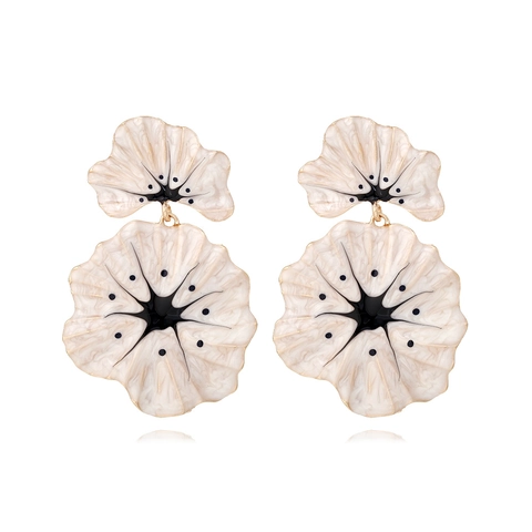Exaggerated Double Layer Flower Drop Earrings Enamel Zinc Alloy Statement Jewelry For Women Vintage Large Floral White