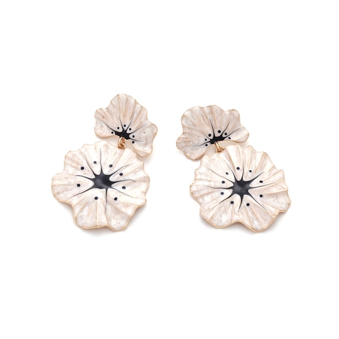 Exaggerated Double Layer Flower Drop Earrings Enamel Zinc Alloy Statement Jewelry For Women Vintage Large Floral White