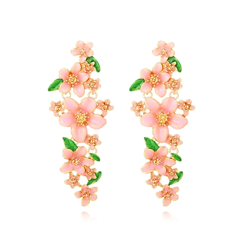 Emaille Blumen Hängeohrringe Legierung Rosa Floral Lange Tropfen Frühling Schmuck Damen Mit Edelstahl Ohrstecker