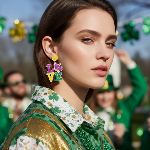 LOVE Letter Enamel Dangle Earrings With Crown Multi-colored Alloy Jewelry With Stainless Steel Earring Post