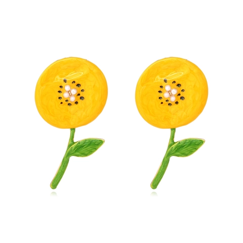 Orecchini A Fiori Lega Smalto Girasole Foglia Pastorale Fresco Stile Dolce Imitazione Perla Artificial Gioielli Donne