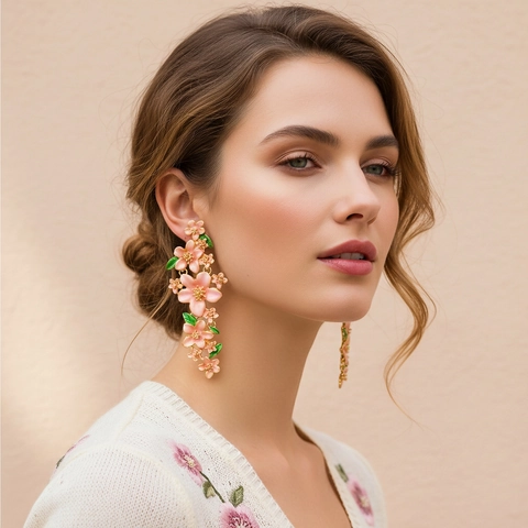 Emaille Blumen Hängeohrringe Legierung Rosa Floral Lange Tropfen Frühling Schmuck Damen Mit Edelstahl Ohrstecker