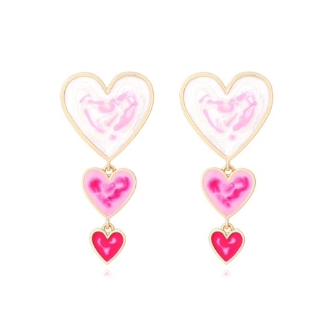 Layered Heart Dangle Earrings Alloy Enamel Gradient Pink White With Stainless Steel Earring Post Trendy For Women