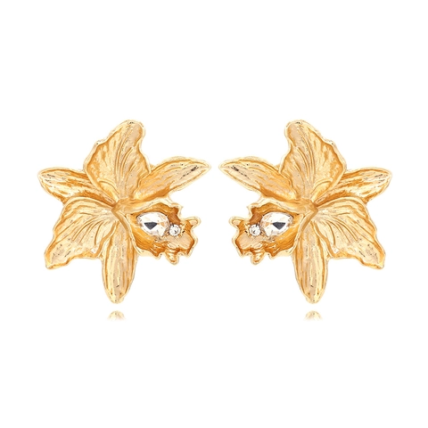 Pendientes De Flores De Orquídea Exagerados Aleación De Zinc Con Incrustaciones De Strass Textura De Metal Mate Vintage Moda