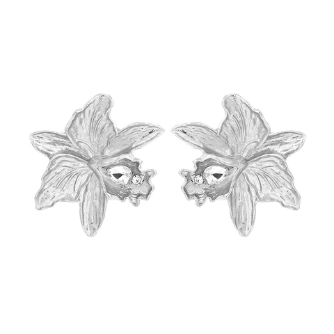 Pendientes De Flores De Orquídea Exagerados Aleación De Zinc Con Incrustaciones De Strass Textura De Metal Mate Vintage Moda