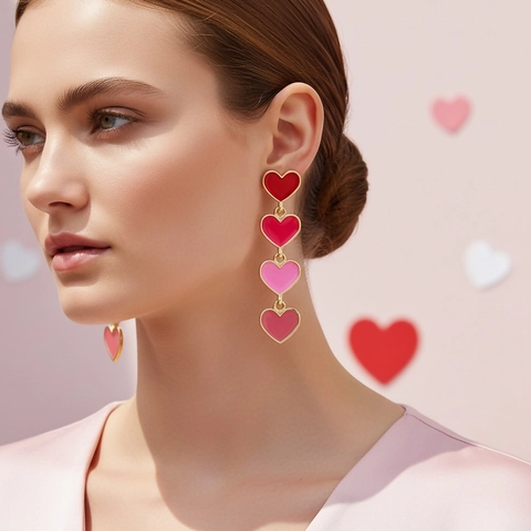 Gradient Pink Heart Dangle Earrings Multi Layered Enamel Heart Drop Earrings Stainless Steel Earring Post Valentine Gift