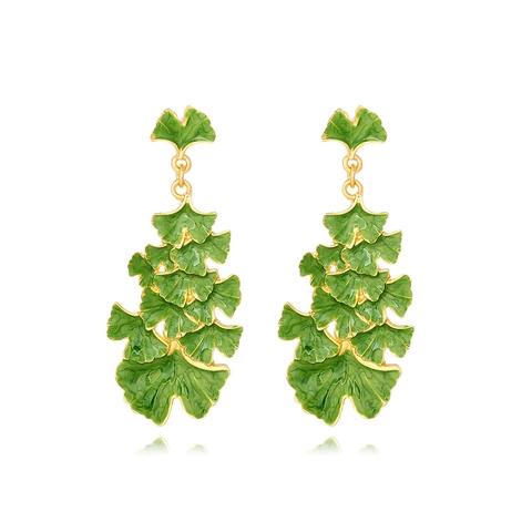 Ginkgo Blad Hangende Oorbellen Groen Emaille Meerlaags Goud Legering Pastorale Bos Natuur Stijl Vrouwen